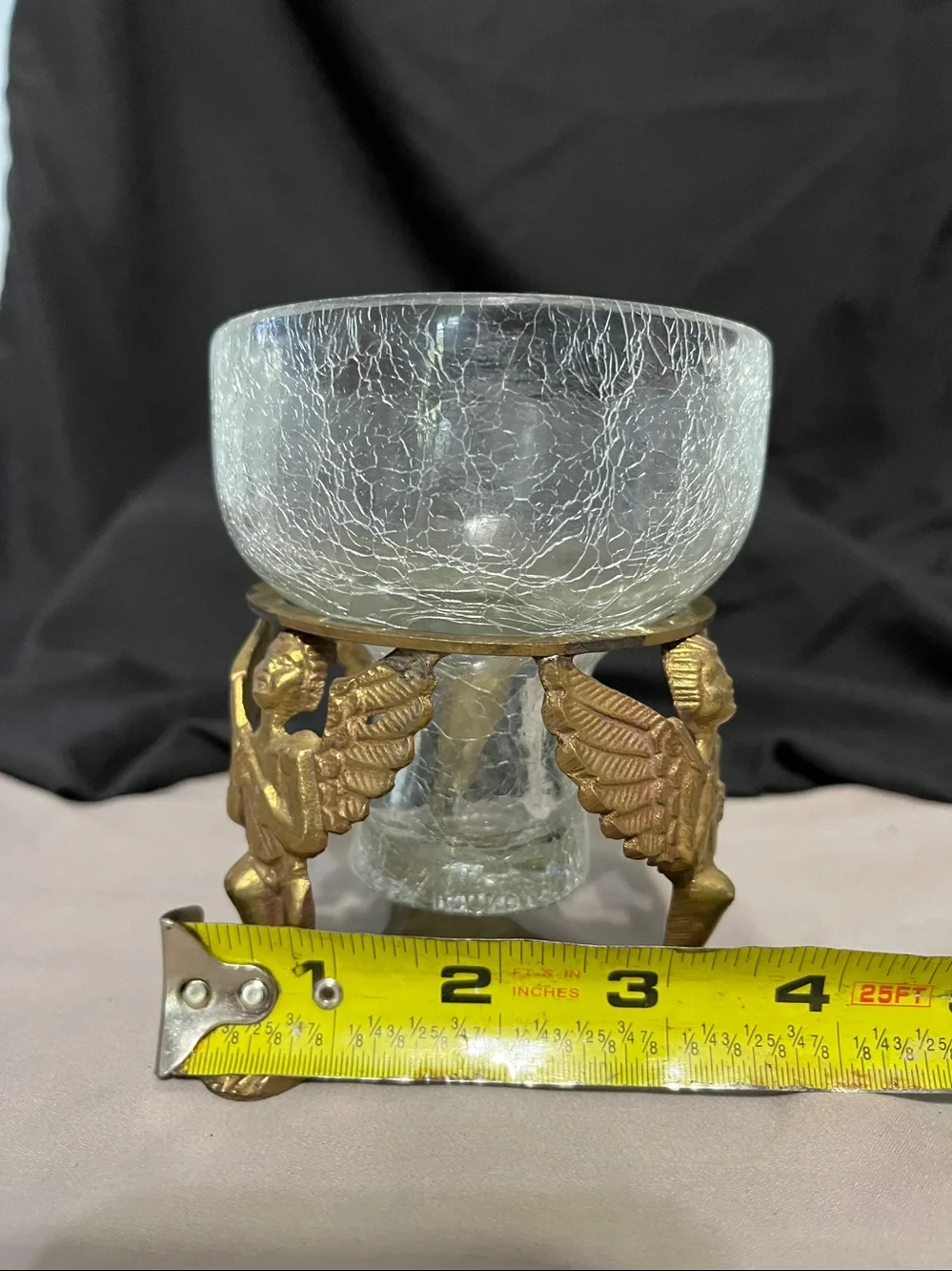 Pair of vintage brass and crackle glass cherub candle holder.